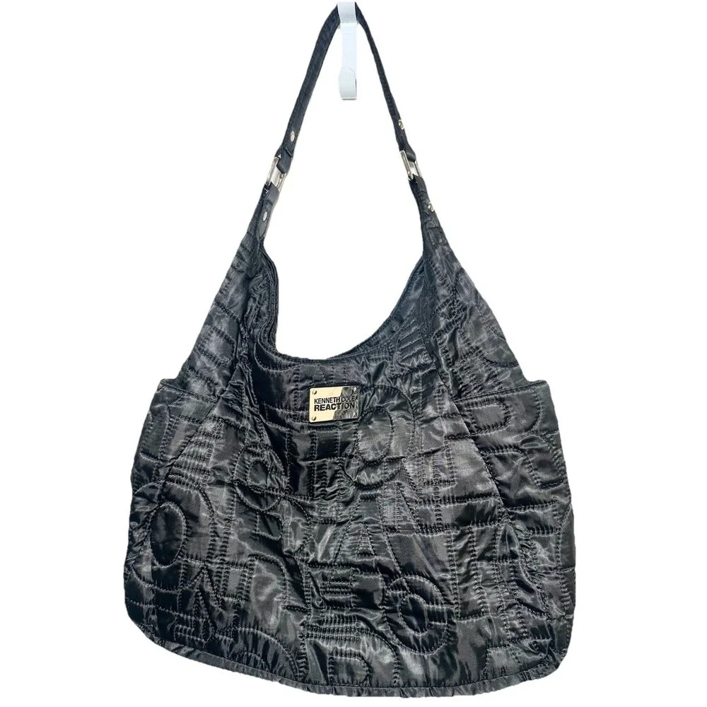 Kenneth Cole Reaction Y2K Black Quilted Nylon Logo Hobo Shoulder Bag